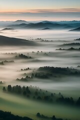 Aerial view of misty green valley at sunrise.
