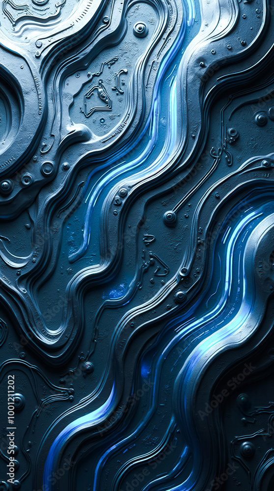Poster this artwork features an abstract design with layered metallic textures enhanced by glowing neon blu