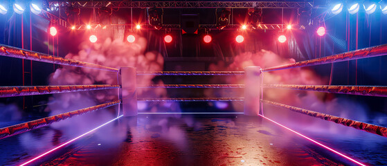 Empty boxing ring, box arena, octagon. Dramatic lighting, neon spotlights, steam effect. Mock up of professional sport event. Generative ai	