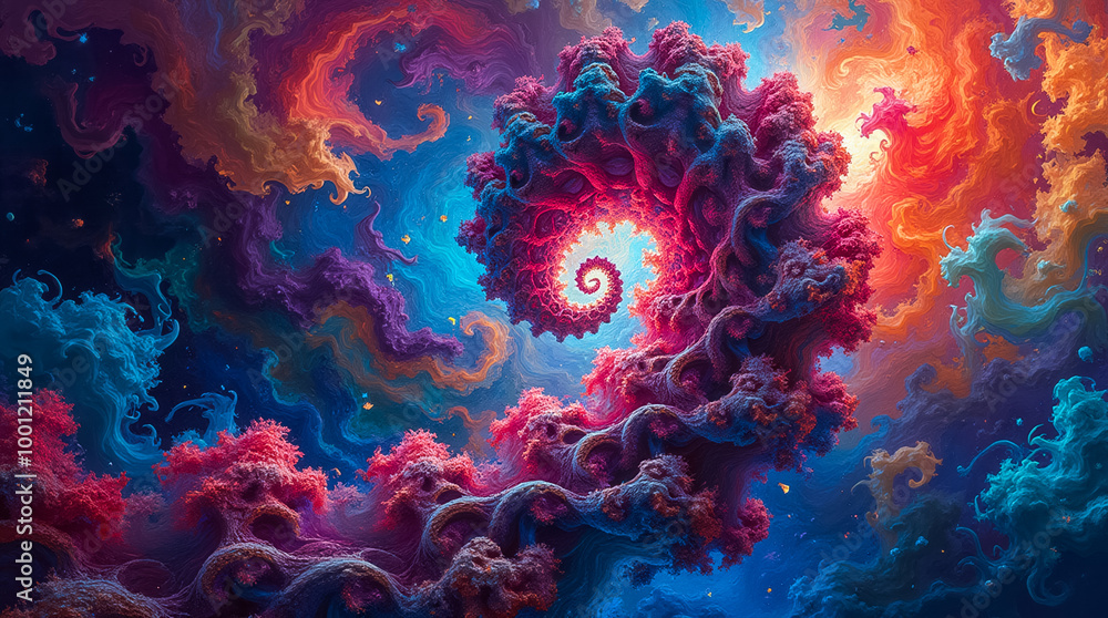 Poster this artwork presents an intricate network of fractal patterns characterized by swirling shapes and 