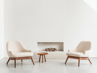 Cozy modern living room featuring two beige chairs and a wooden coffee table on a minimalist floor