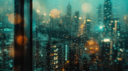 Obraz premium City lights blur through a rain-speckled window, creating an atmospheric and moody urban scene.
