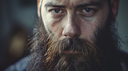 Obraz premium A rugged man with a long beard stares intensely into the camera, capturing a sense of depth and raw emotion.