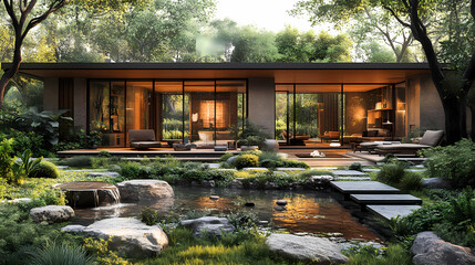 A 3D-rendered Feng Shui-inspired home with a harmonic