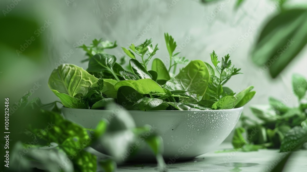 Canvas Prints Fresh green herbs fill a white bowl, surrounded by lush green foliage, creating a vibrant and refreshing scene that highlights their natural beauty.