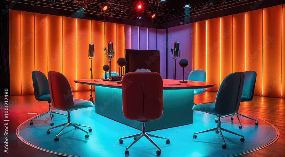 Poster an intimate and trendy and colorful tv studio with a large oval table with 4 chairs and microphones.