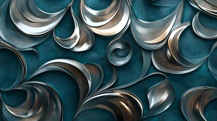 Metallic Swirls on Teal: An abstract, artistic arrangement of swirling, silver metal shapes against a deep teal backdrop. The curves and lines create a mesmerizing, dynamic composition. 