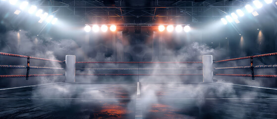 Fototapeta premium Empty boxing ring, box arena, octagon. Dramatic lighting, spotlights, steam effect. Mock up of professional sport event. Generative ai