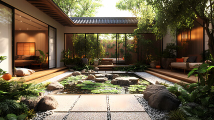 A 3D-rendered Feng Shui-inspired home with a harmonic