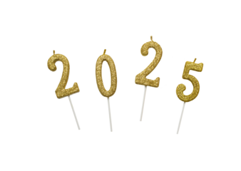 Golden candles in the shape of numbers 2025 isolated on a transparent background. New Year's numbers, New Year, Christmas
