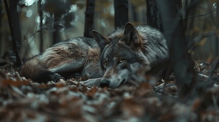 A lone gray wolf resting on forest ground, surrounded by autumn leaves and trees in the background.
