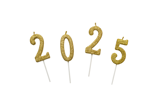 Golden candles in the shape of numbers 2025 isolated on a transparent background. New Year's numbers, New Year, Christmas - Powered by Adobe