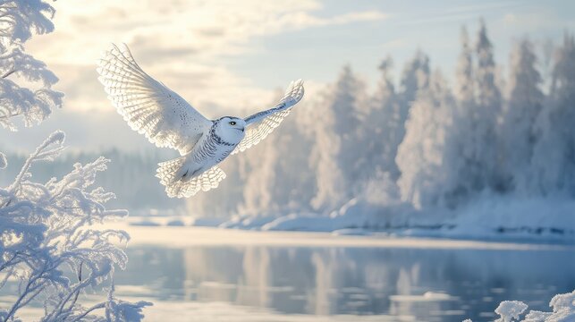 Owl Flying Over Snow Covered Landscape