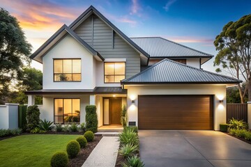 Modern suburban home with crisp clean lines, pitched roof, and lush greenery, set against a pristine white background,