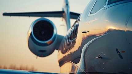 A side view of a sleek, modern airplane with the backdrop of a tranquil sunset, highlighting its engine and reflective metallic surface.