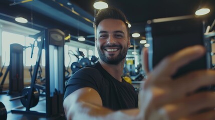 A man with a wide smile takes a selfie in a modern gym filled with exercise equipment and natural light.