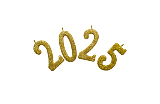 Golden candles in the shape of numbers 2025 isolated on a transparent background. New Year's numbers, New Year, Christmas