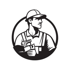 worker in uniform builder construction site with helmet logo black and white isolated icon vector stamp style business purpose company engineer silhouette tattoo style 