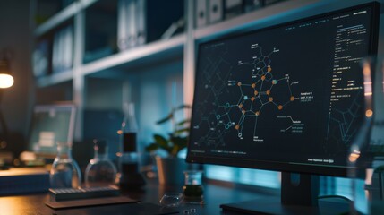 A computer screen displaying complex data and diagrams in a modern lab, reflecting scientific research and advanced technology.