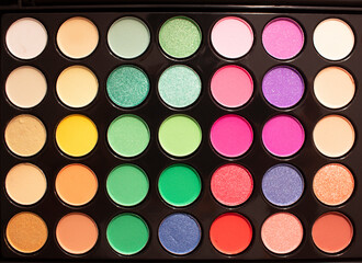 Rainbow colors eyeshadow palette close-up. Colorful shadow palette on white background