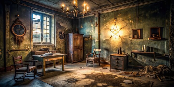 Mysterious, dimly-lit, abandoned asylum-inspired room with peeling walls, old furniture, and cryptic symbols, perfect
