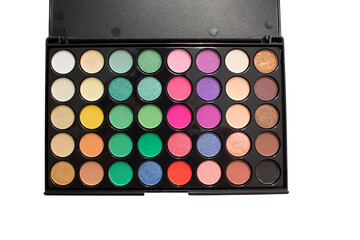 Rainbow colors eyeshadow palette close-up. Colorful shadow palette on white background