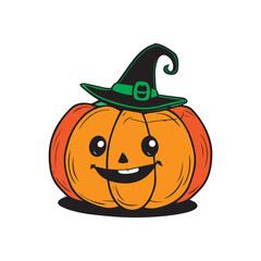 pumpkin with witch hat cutting halloween smile scary cartoon sticker decorative isolated on white tattoo logo beautiful high quality vector 