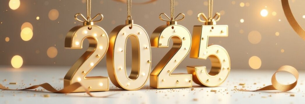 Happy New Year 2025. Decoration of golden white 3D hanging numbers with ribbons and confetti, holiday card design