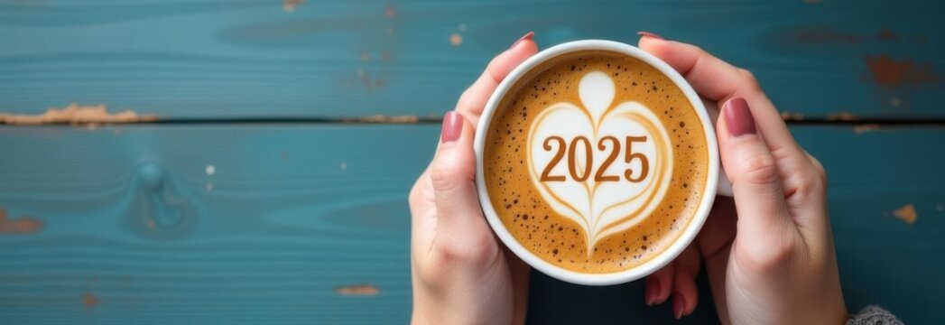 Happy New Year 2025 theme number 2024 on frothy surface of cappuccino served in white coffee mug holding by female hands over rustic blue background. Holidays food art, new year new you. (top view)