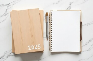 2025 on a wooden box, an empty notebook on a white marble table background, 2019 New Year's layout, template with copy space for text, top view