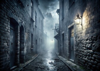Obraz premium Ominous dark gray-black misty fog envelops a desolate, dimly lit abandoned alleyway with crumbling walls, eerie