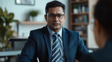 Fototapeta premium Portrait of a confident indian businessman in coversation with team members | Boss Meeting | Boss wearing formals in office
