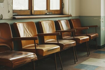 Rows of vintage leather chairs line an empty waiting room, bathed in soft natural light, evoking a sense of nostalgia and calm.