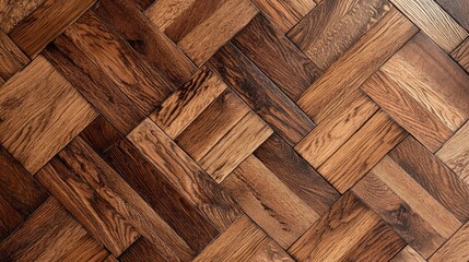 Close-up of red-brown oak parquet flooring in a basket weave pattern, showcasing the deep, reddish wood tones and natural grain.