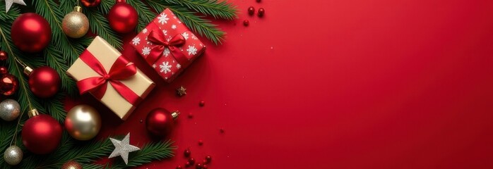 Let the gift-hunting commence: make holiday memories today. Top view shot of elegant gift boxes, holiday decor, cones, sparkles on red background with marketing space