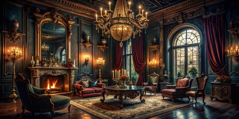 Obraz premium Ominous, dimly lit, luxurious mansion interior with ornate chandeliers, velvet drapes, and lavish furnishings, setting