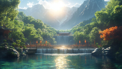 Fototapeta premium Serene Mountain Landscape with Waterfall and Traditional Asian Architecture