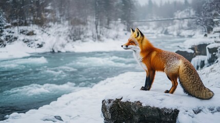 Fototapeta premium Red Fox Standing on Snowy Rock by Frozen River