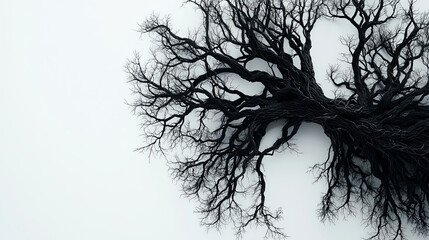 A haunting top-down perspective of a dark, demonic tree, starkly contrasted against a pristine white background. Generative AI