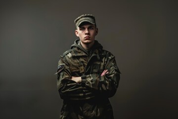 A stern soldier dressed in camouflage uniform stands with arms crossed against a muted background, exuding a sense of discipline and resolve.