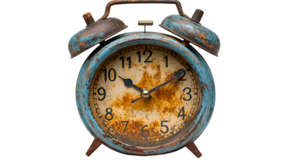a rusty alarm clock with bells. 