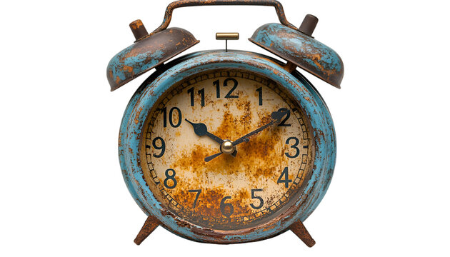 a rusty alarm clock with bells. 