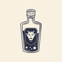Devil potion. Halloween Bottle. Magic potion, Elixir icon. Vintage doodle style. Vector illustration