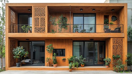 Fototapeta premium Create a permeable facade apartment in Tehran with geometric timber patterns and minimalist design elements, in the afternoon