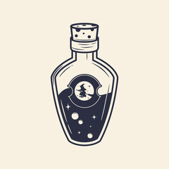 Witch potion. Halloween Bottle. Magic potion, Elixir icon. Vintage doodle style. Vector illustration