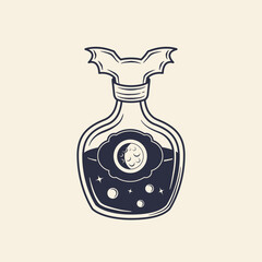 Halloween Bottle. Magic potion, Elixir icon. Vintage doodle style. Vector illustration