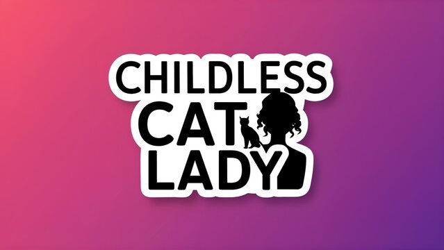Black silhouette of a woman with a cat and the caption &lsquo;Childless Cat Lady&rsquo; on a gradient background for themed posts, merch and ironic souvenirs for cat lovers.