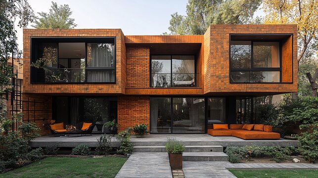 Visualize a modern apartment in Tehran with brick and timber cladding and geometric shapes, in a crowded street