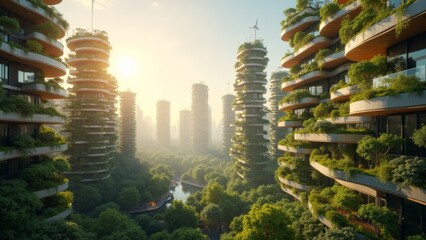 Obraz premium Generative AI, a city with a lot of trees growing on it's sides and buildings in the background with a sun setting, solarpunk, a digital rendering, futurism 
