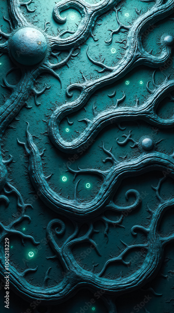 Aufkleber a striking blend of organic forms and futuristic elements creates a textured bio-mechanical backdrop